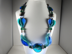 Blue and Lagoon Green Murano Glass Necklace, with Curved Silver Tubes